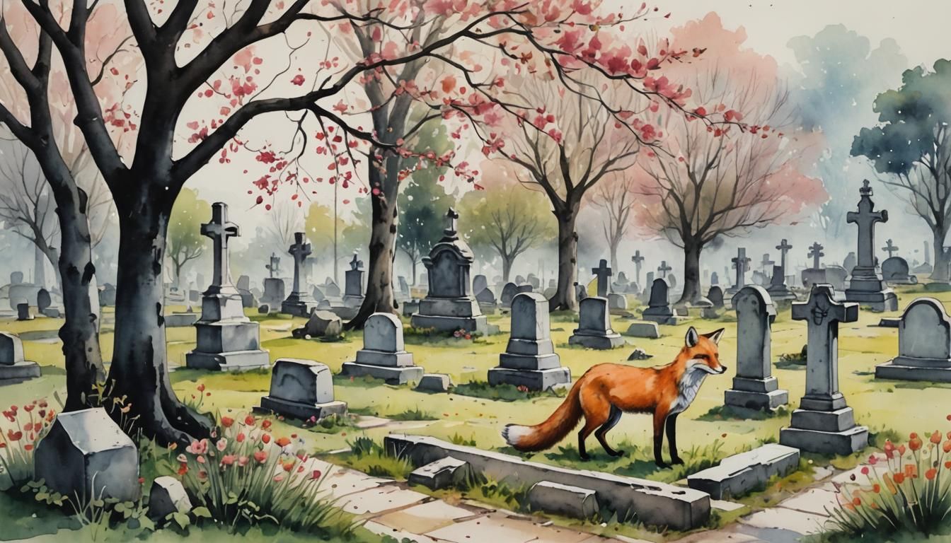 Fox in Ancient Cemetery, Watercolor and Ink