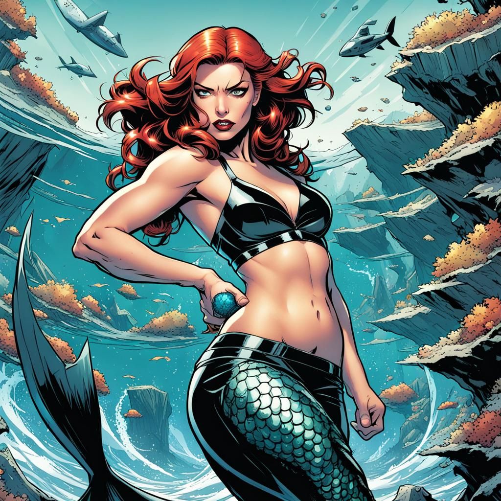 Black Widow as a Mermaid in Comic Book Art