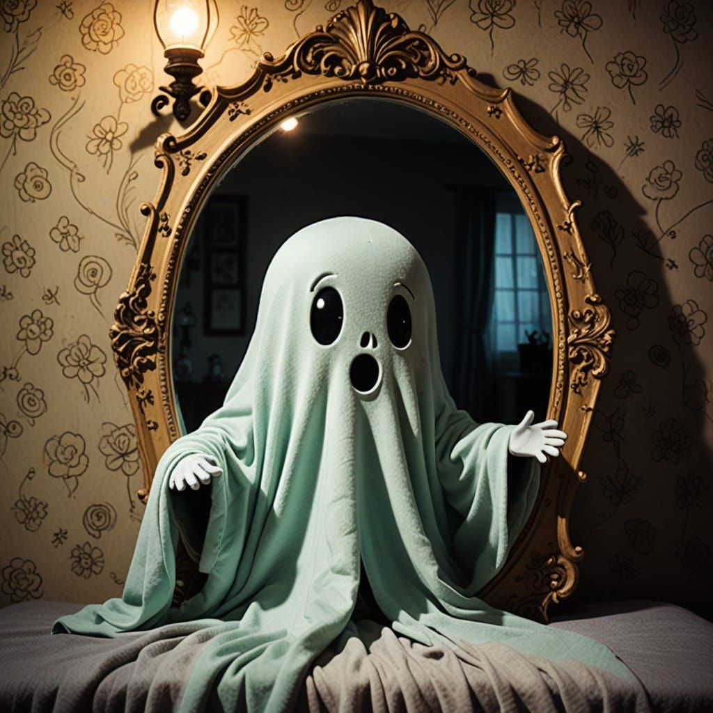 Whimsical Ghost Peers into Creepy Mirror