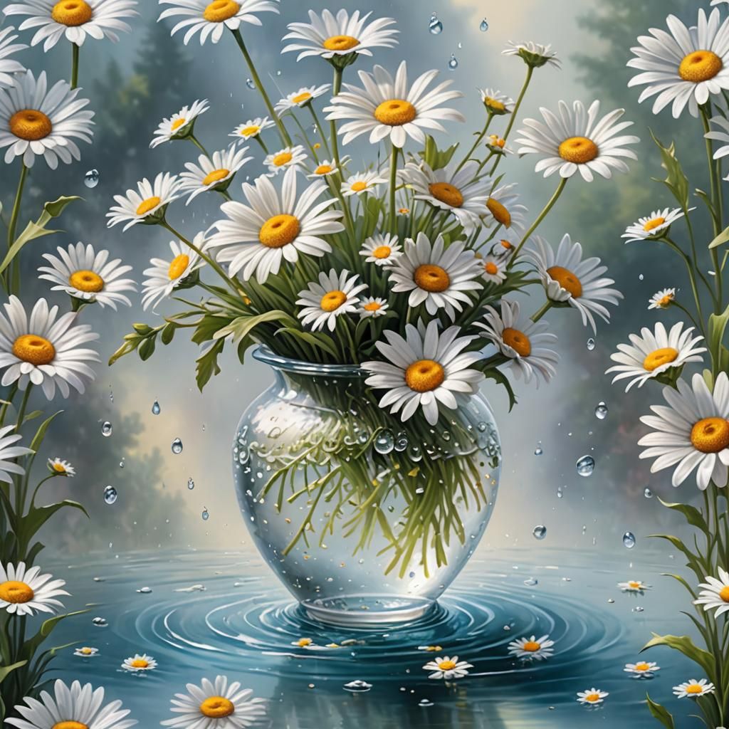Daisies Floating in Vase: Hyperdetailed Oil Painting