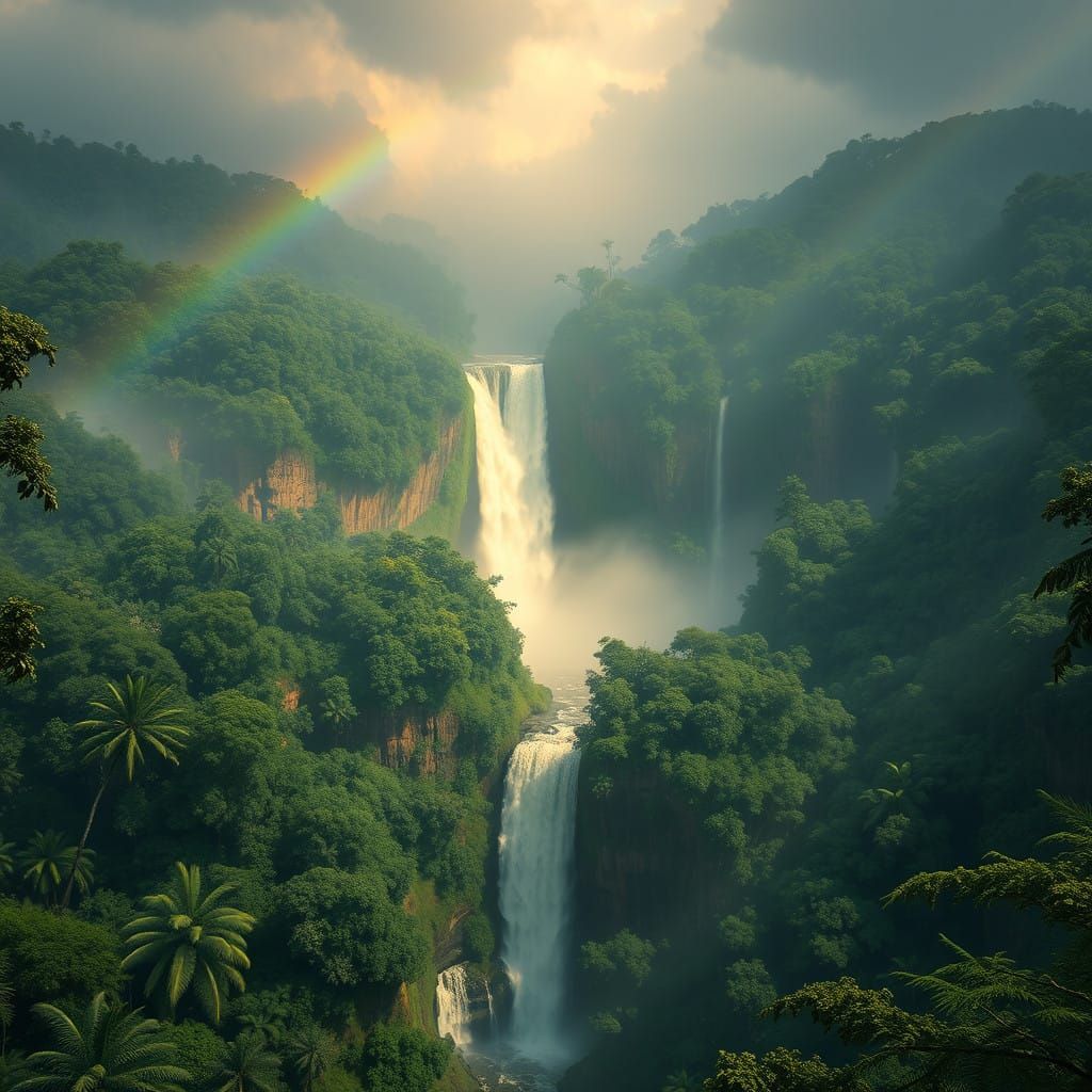 Surreal Amazonian Goddess with Iguazu Falls and Rainbows