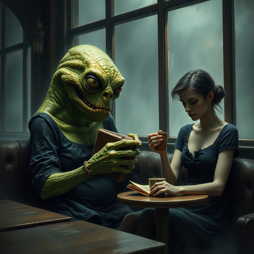 Grotesque Monster Meets Distressed Woman in Rainy Cafe