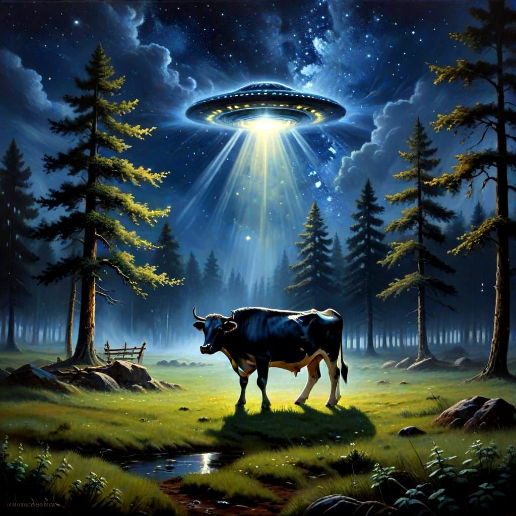 UFO Abduction of Cow as Oil Painting