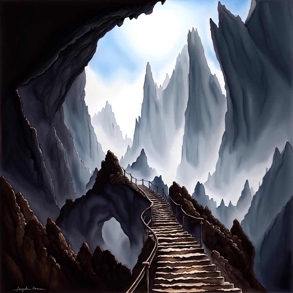 Winding stairway through jagged sawtooth mountains