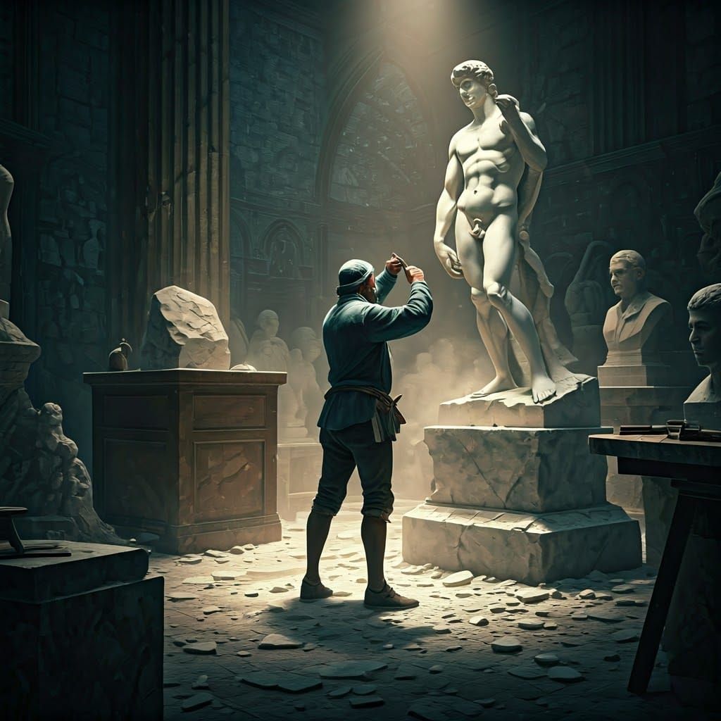 Donatello Carving David: Renaissance Studio Scene