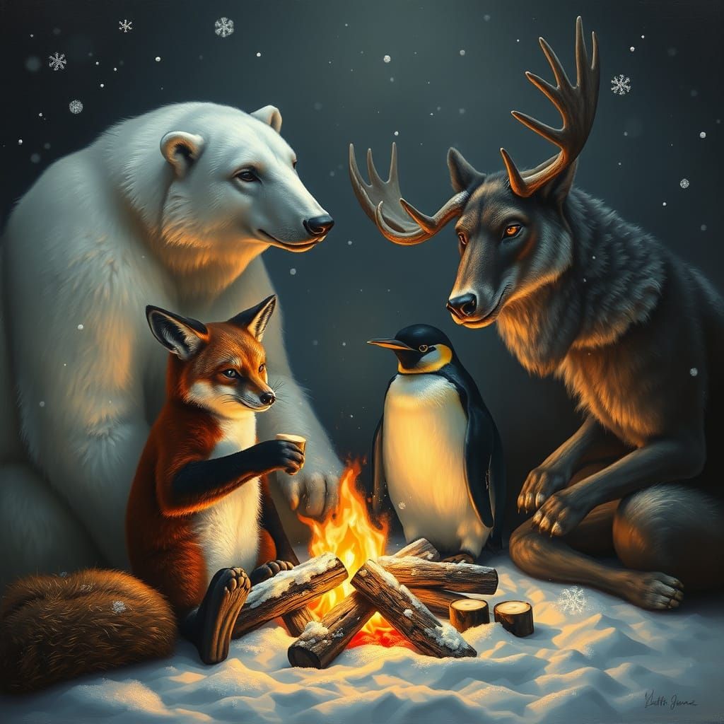 Intimate Gathering of Wild Friends Toasting S'mores in a Coz...