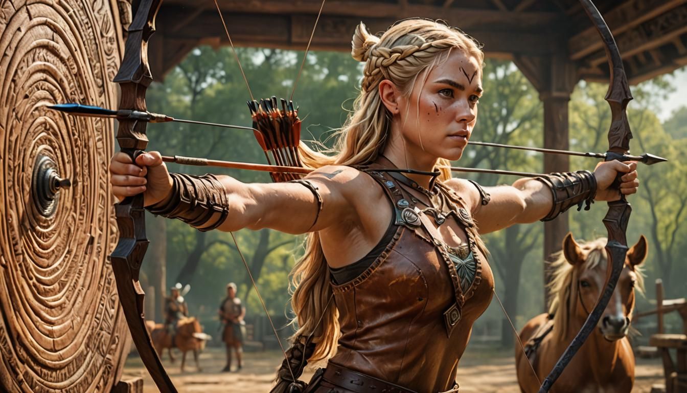 An adult female archer with long blonde hair stands to defend her home