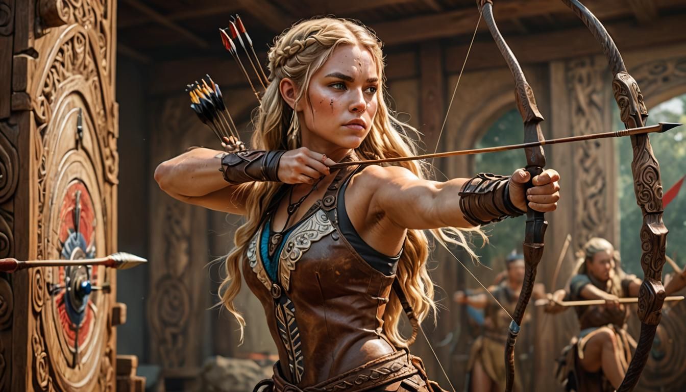 An adult female archer with long blonde hair stands to defend her home