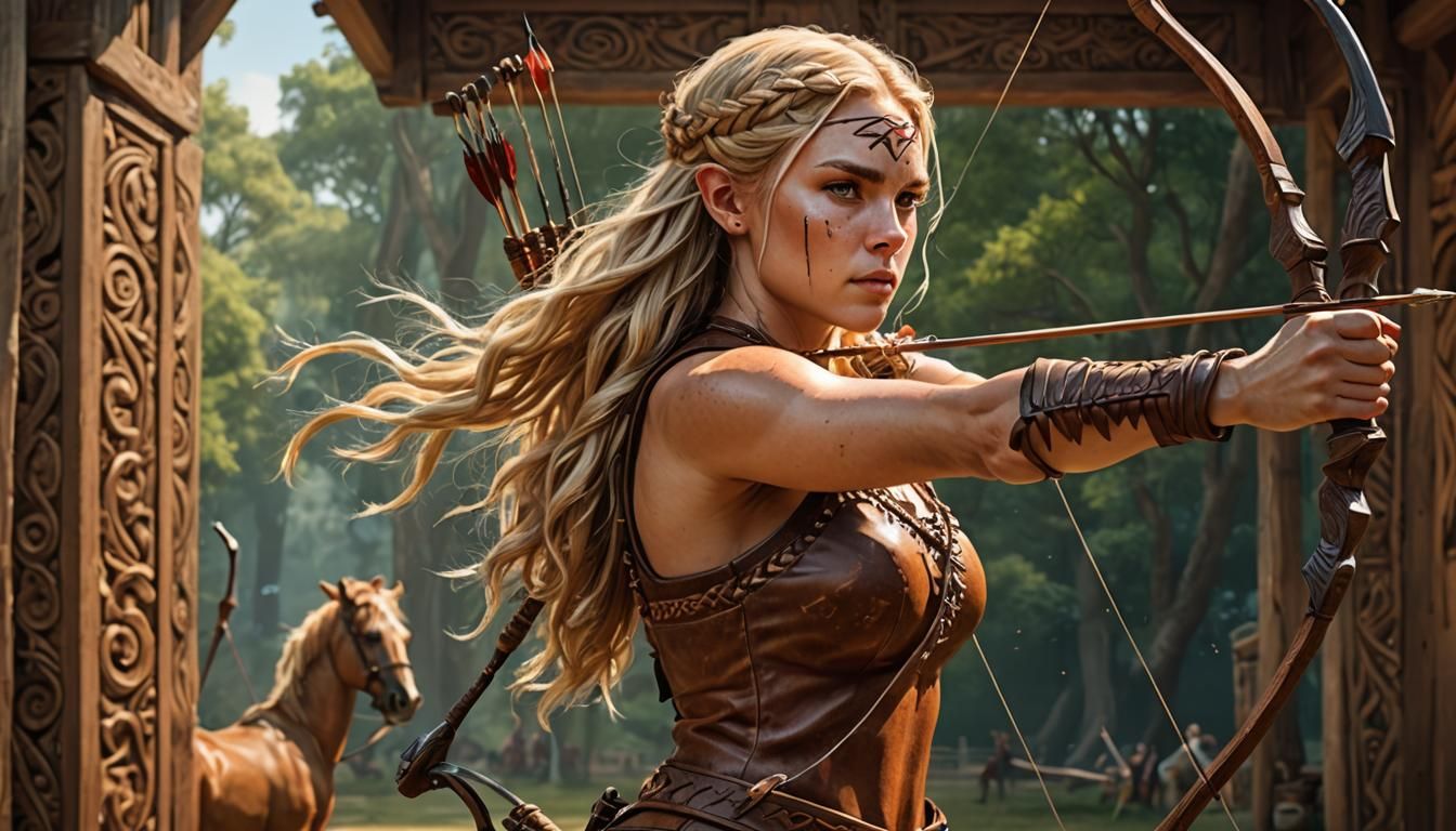 An adult female archer with long  blonde hair stands to defe...