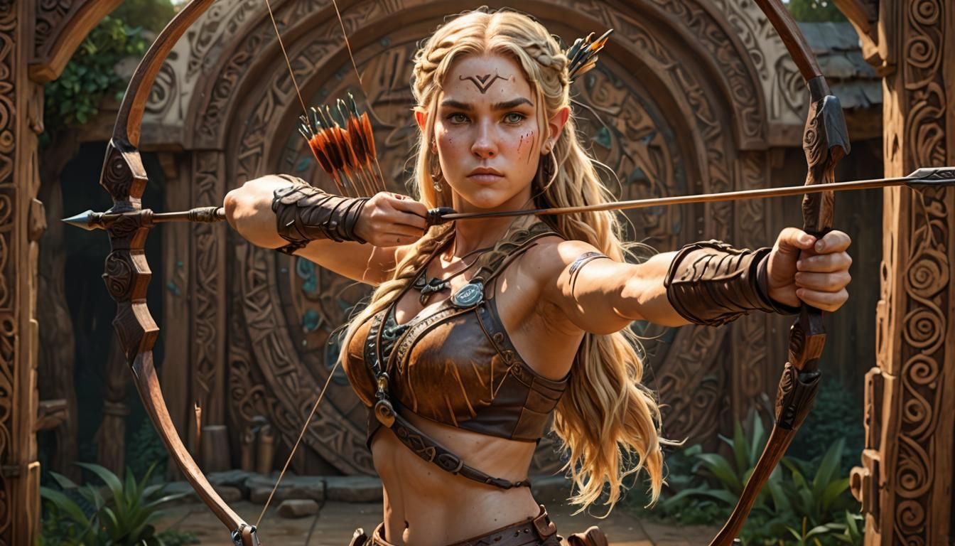 An adult female archer with long  blonde hair stands to defe...