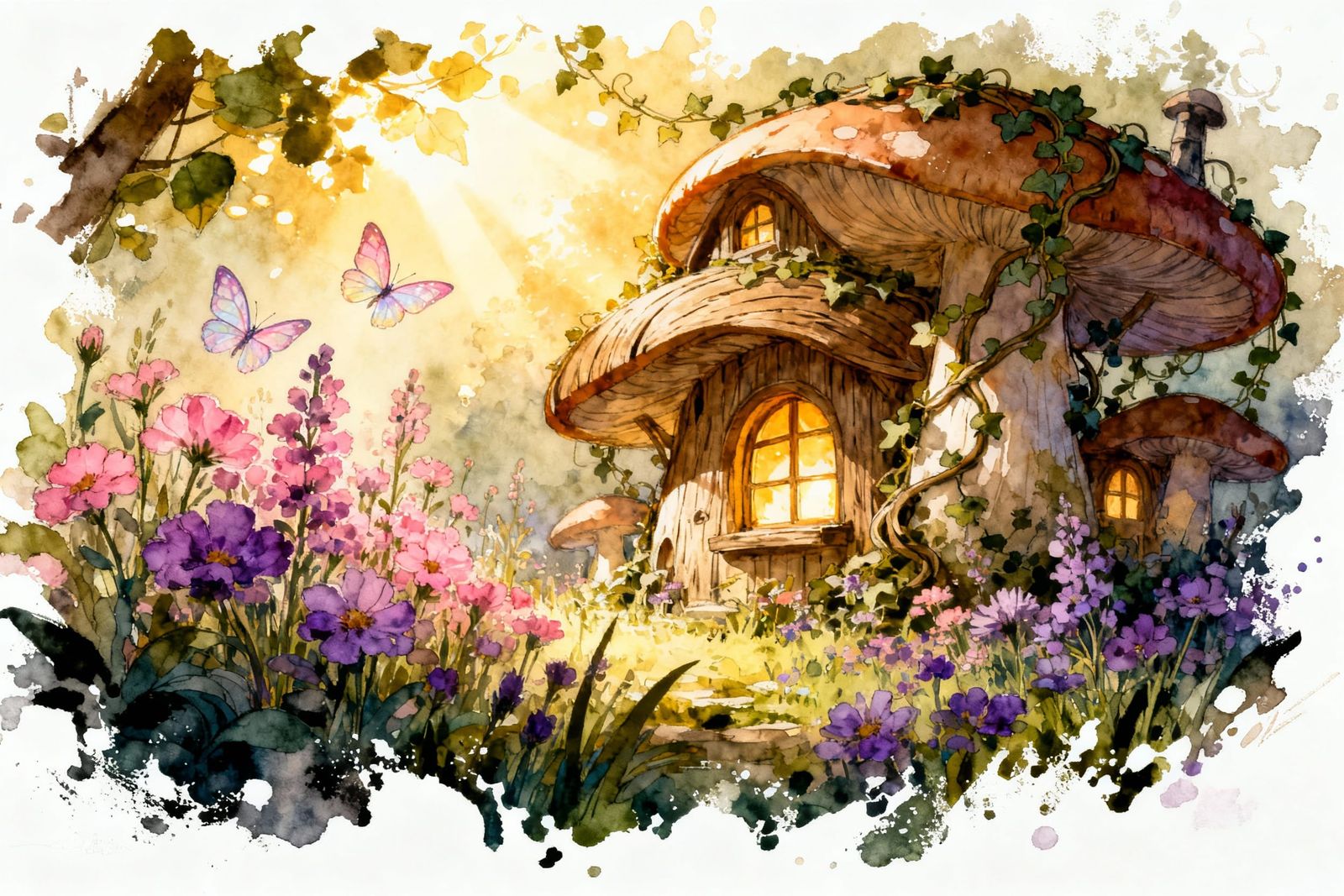 Fairytale Mushroom House with Butterflies and Wildflowers