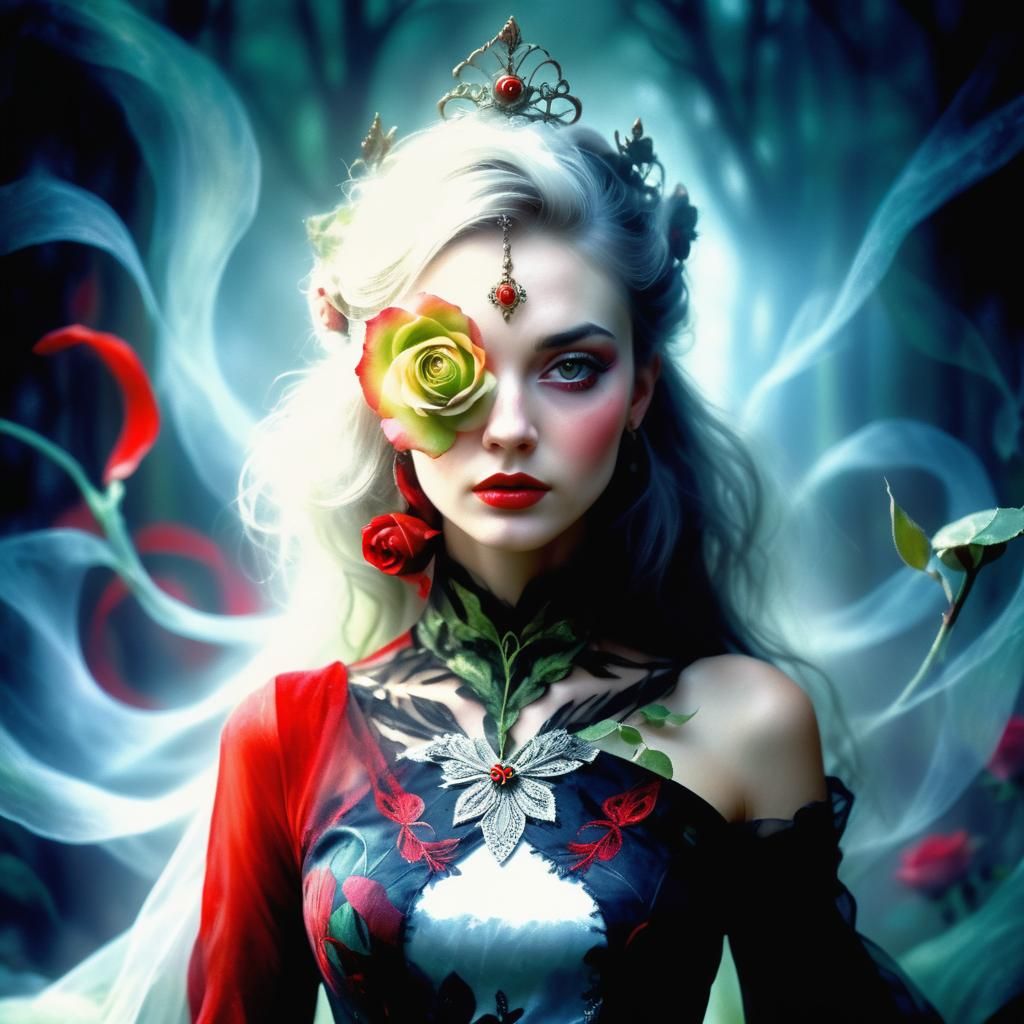 Woman With Rose in Misty Forest, Macro Photography