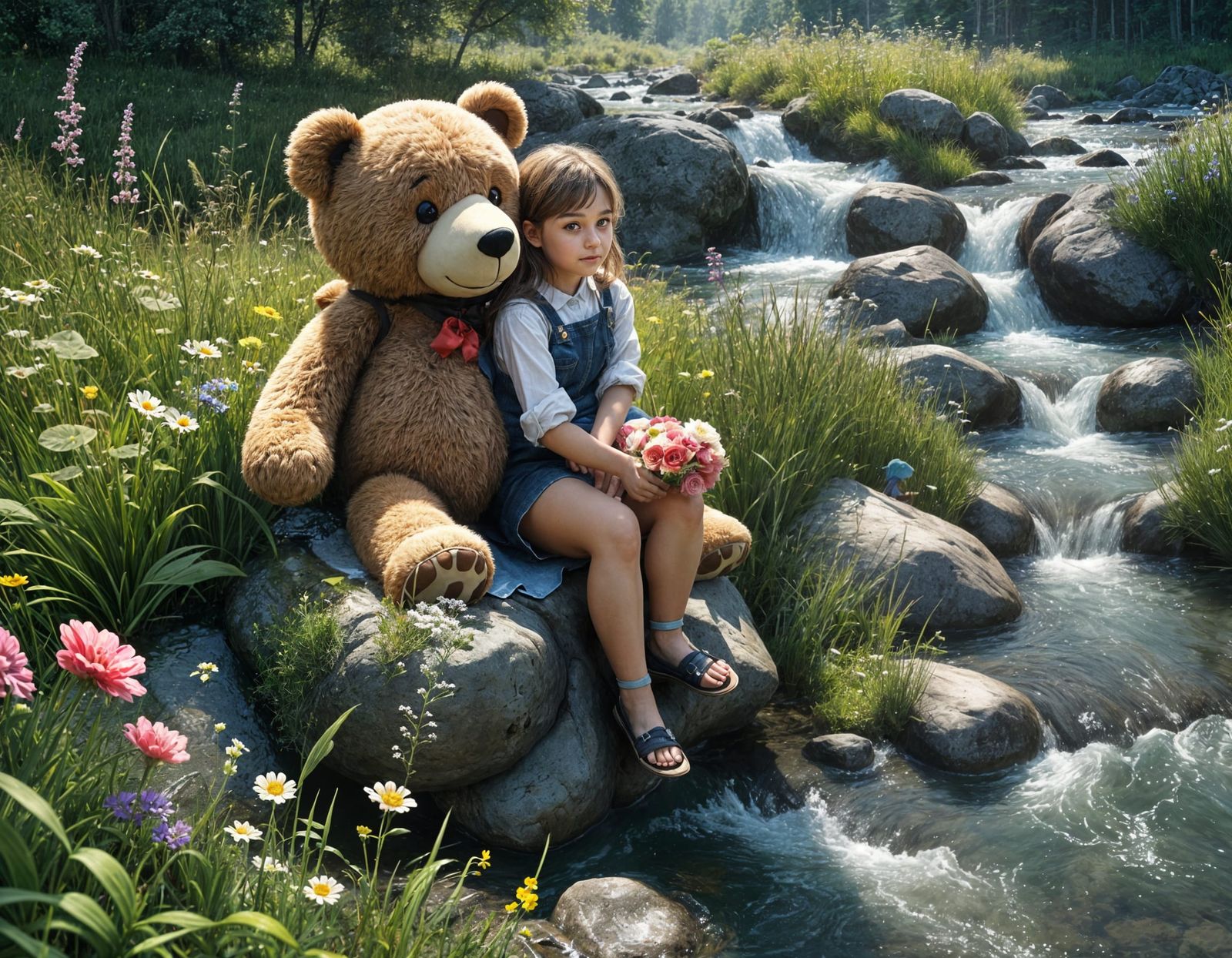 Girl and Teddy Bear by Rushing Stream