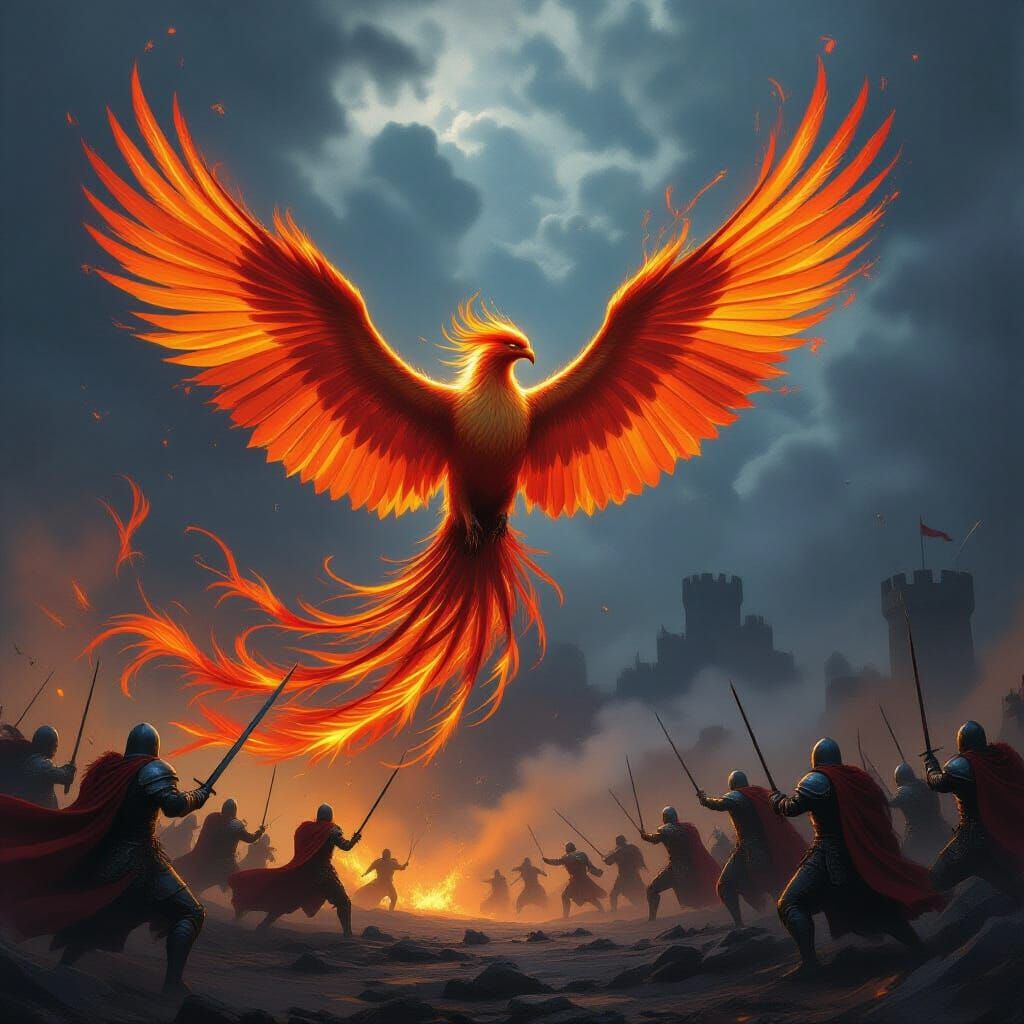 Majestic Phoenix Over Medieval Battlefield
