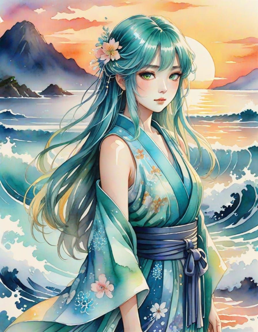 Japanese Goddess Toyotama-Hime in Dreamy Watercolor Art