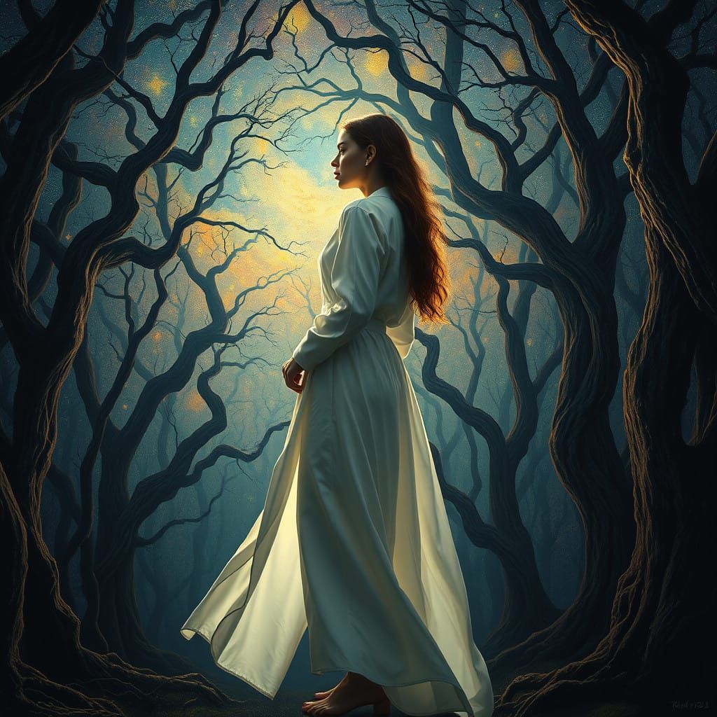 A Woman Stands Serene in Van Gogh-Inspired Forest Landscape