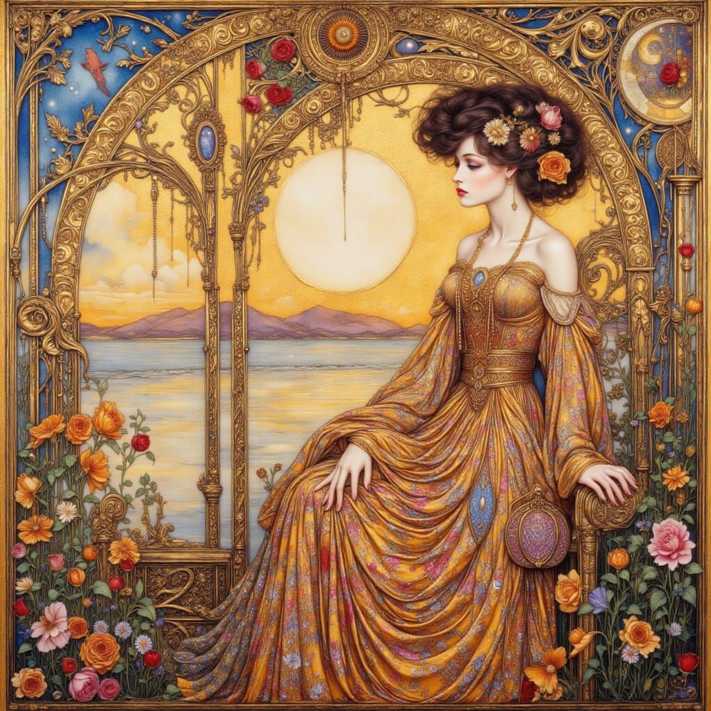 Klimt-Inspired Woman in Soft Seascape, Art Nouveau Style