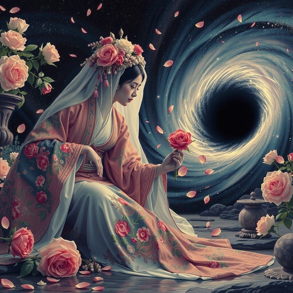 Ethereal Rose Princess Amidst Cosmic Garden
