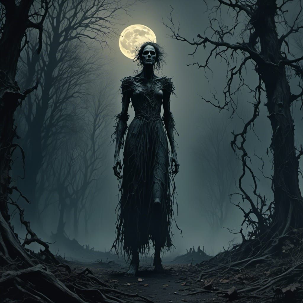 Eerie Figure in Moonlit Forest: Film Noir Style