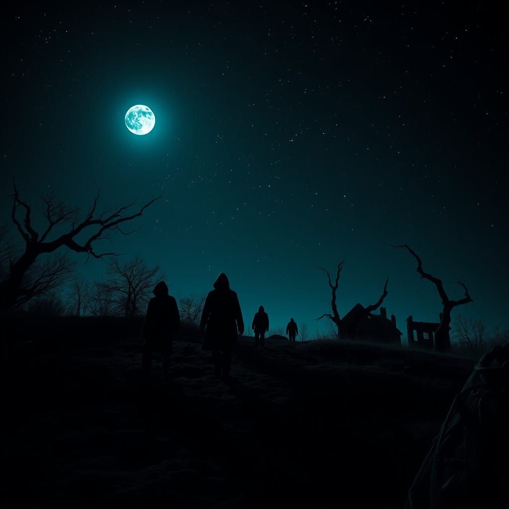 Ethereal Night Landscape in Deep Blacks and Electric Blues