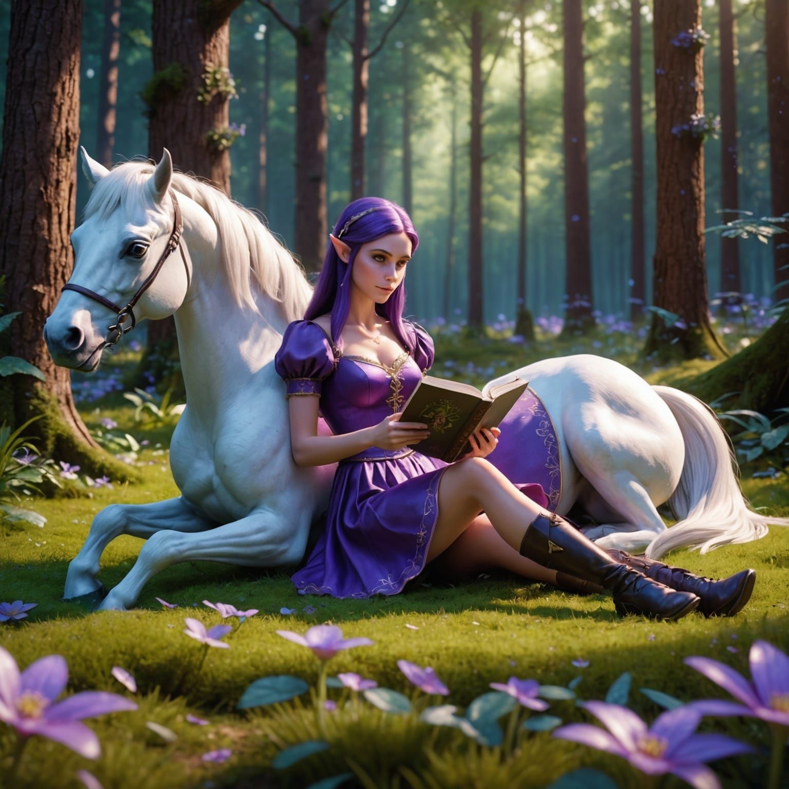 Elf Reads Book with Mustang in Glowing Forest