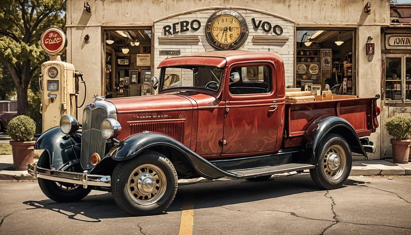1936 REO Speedwagon pickup truck parked a 1920's gas station in 1936