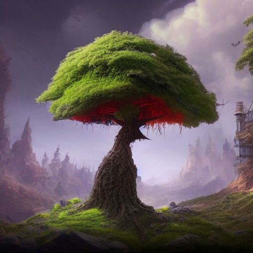 Tree Growing on a Bomb in Fantasy Concept Art