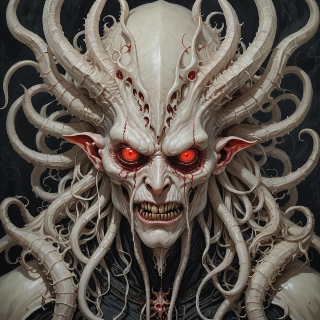 Gothic Albino Figure with Horns and Red Eyes