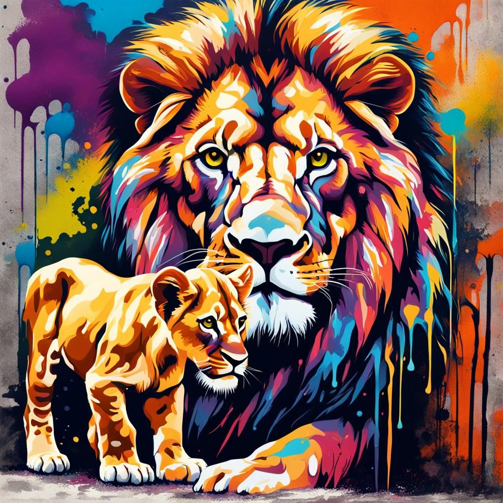 Lion and Cub in Colorful Graffiti Art Style