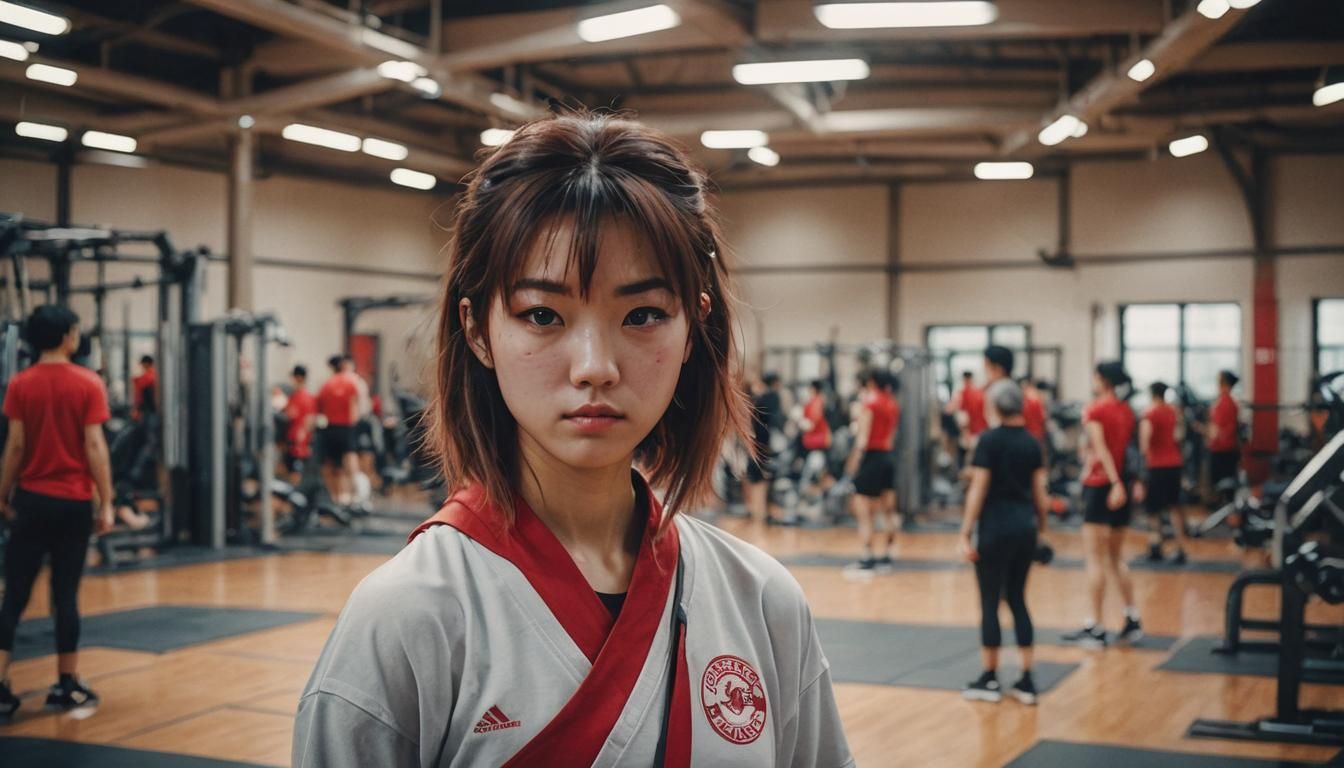 Japanese Athlete in Gym: Cinematic Film Still