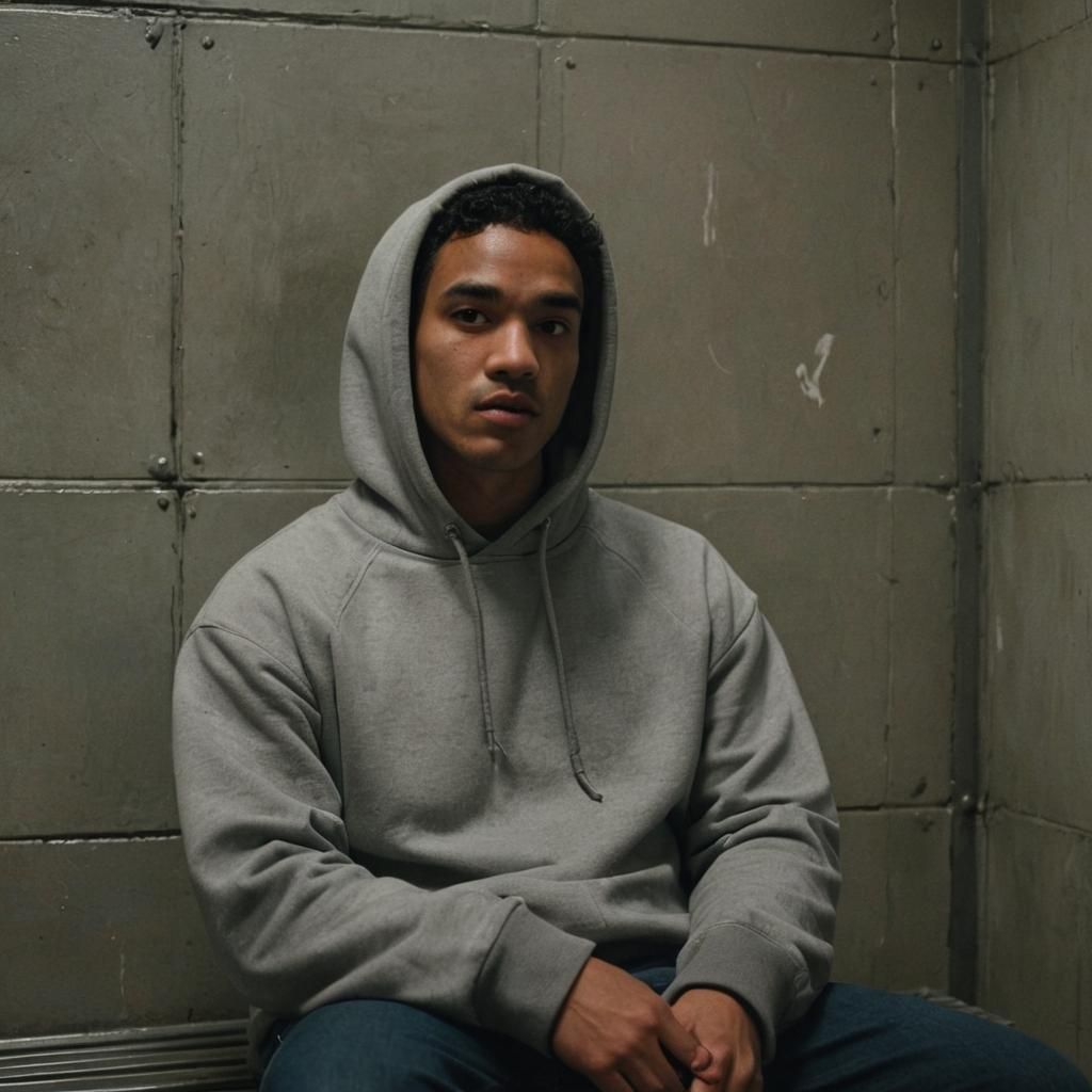 Solitary Figure in Jail Cell: Cinematic Film Still