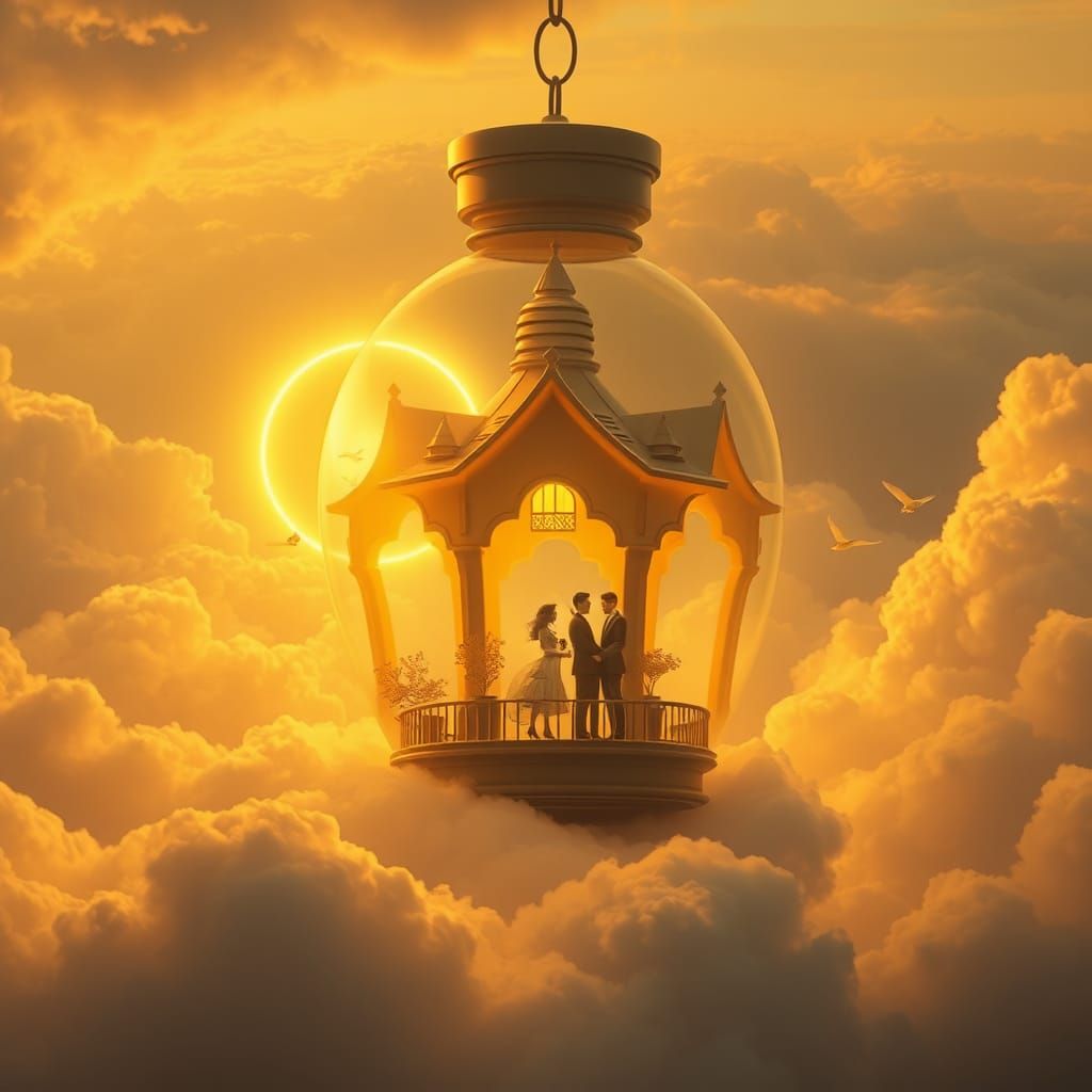 Romantic Honeymoon Scene in Cloud Lamp, Detailed Matte Paint...