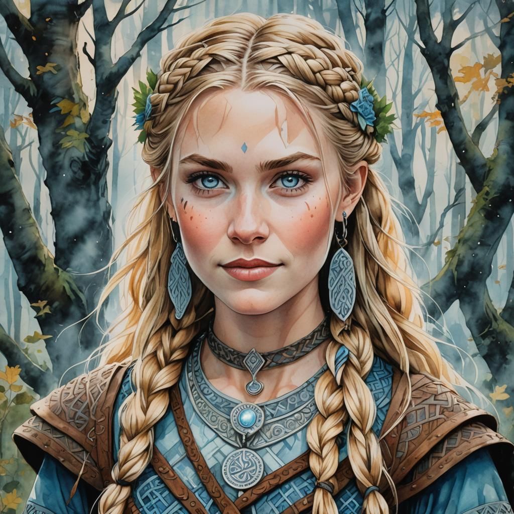 Viking Warrior Princess Portrait in Watercolor Style