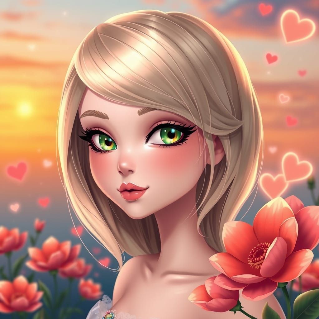 Elegant Cartoon Character with Ash Blonde Hair
