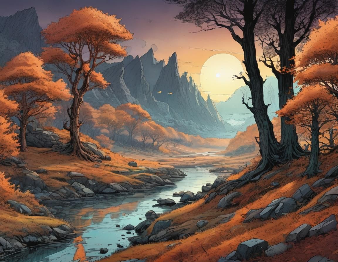 Ethereal Sci-Fi Autumn Landscape in Moebius Style