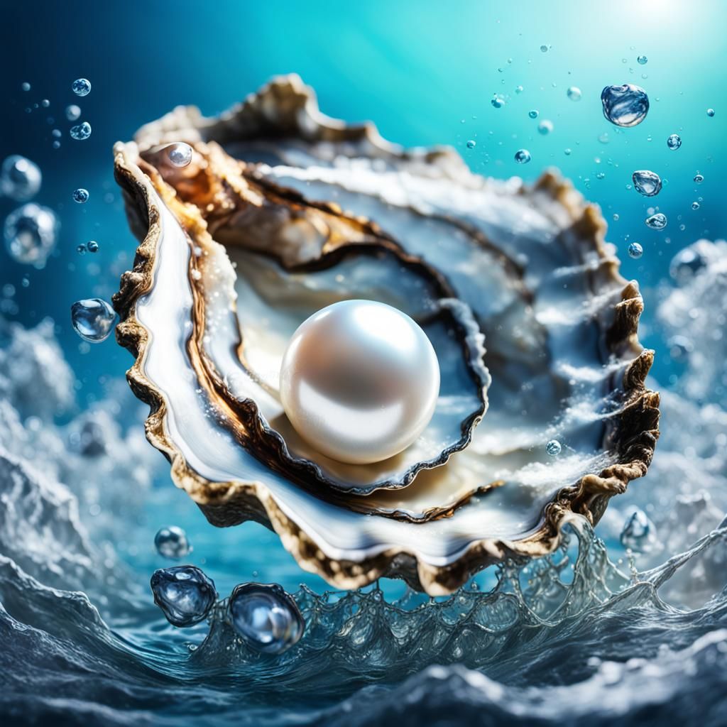 Hyperrealistic Pearl in Open Oyster Undersea Scene
