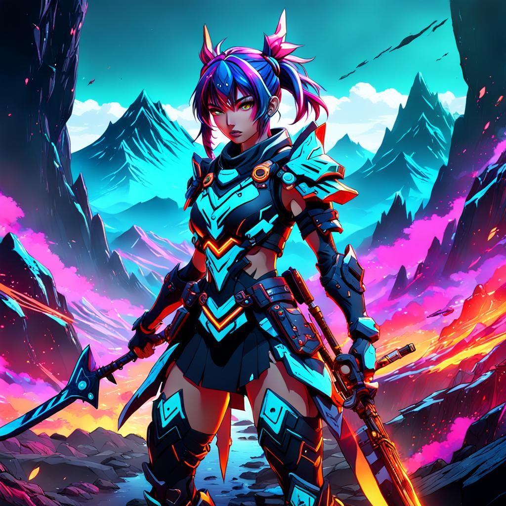 Neon Mountain Warrior Anime Girl: Detailed Digital Art