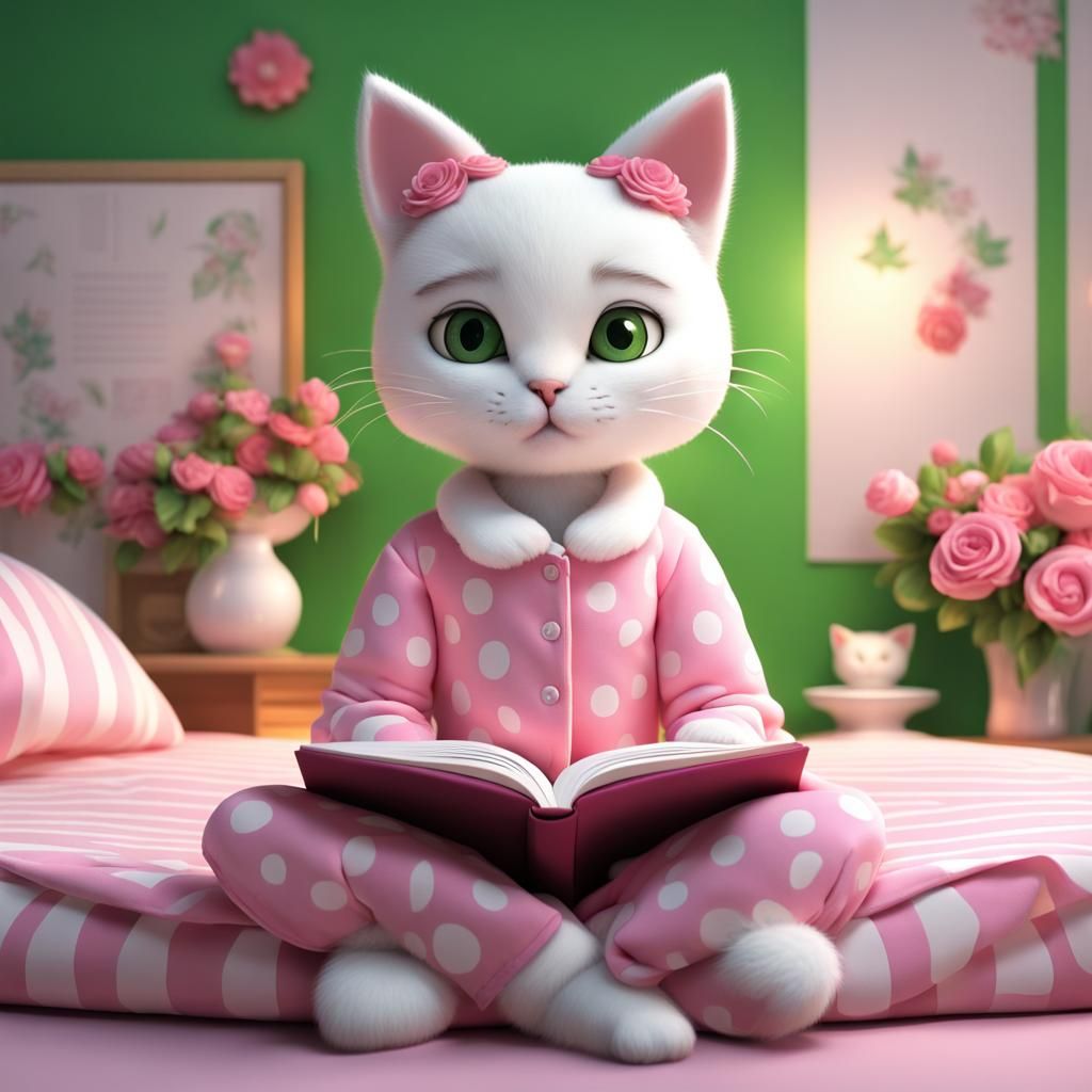 Girls Reading with Cat: 3D Rendered Scene