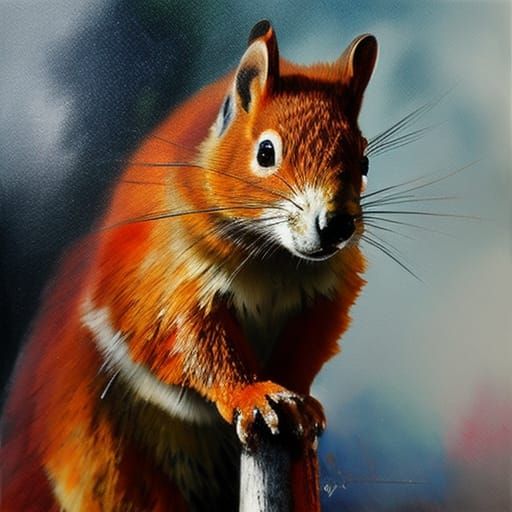 Cute Red Squirrel with Scarf, Ink and Paint Splashes