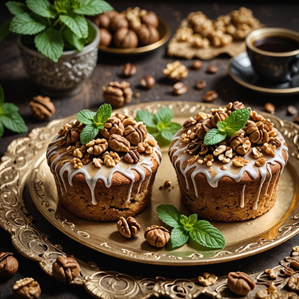 Elegant Walnut and Coffee Cakes Still Life