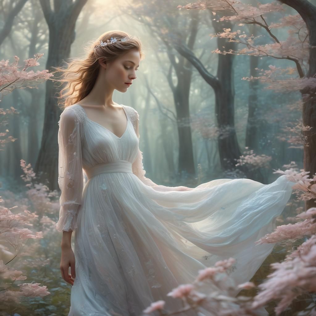 Ethereal Woman in Dreamlike Pastel Forest
