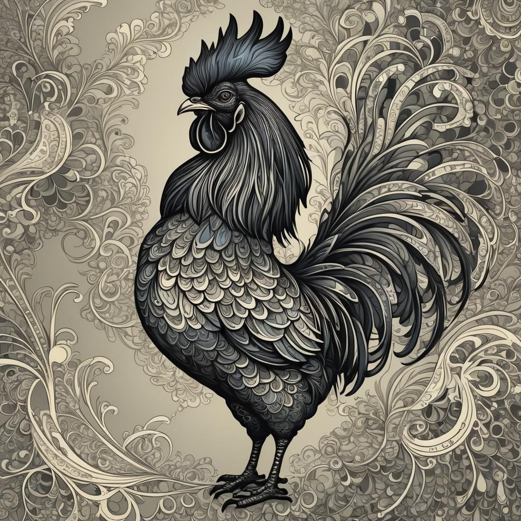 Abstract Rooster Silhouette with Vector Fractal Design