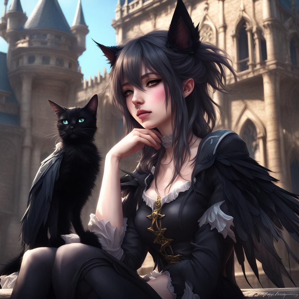 Catgirl Arcanist with Black Feathers in Fantasy Art