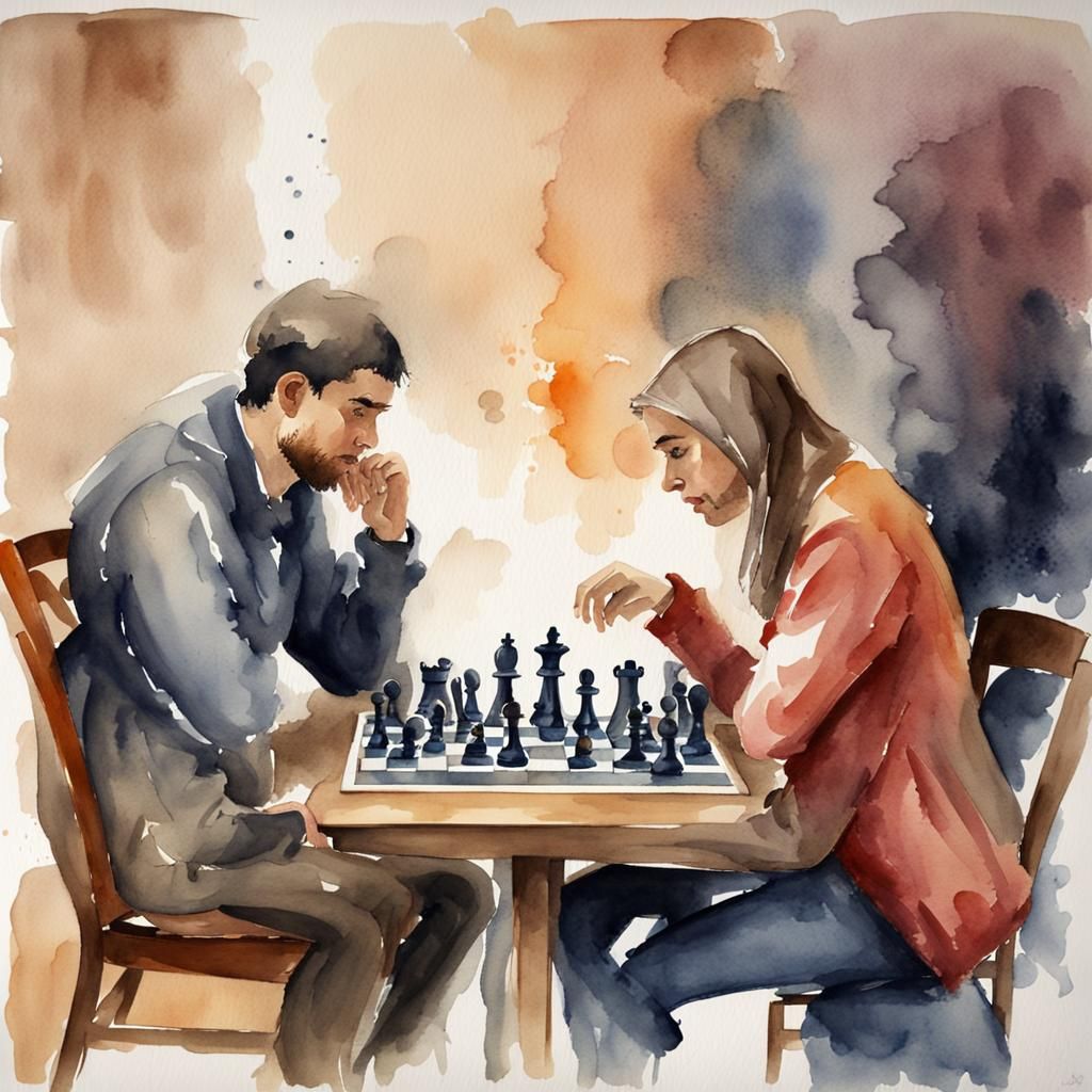 Intimate Chess Game in Watercolor Style