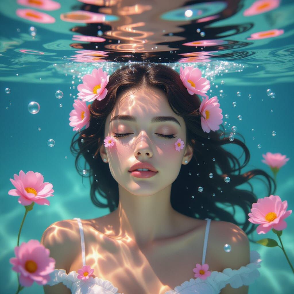 Ethereal Underwater Woman with Blossoms
