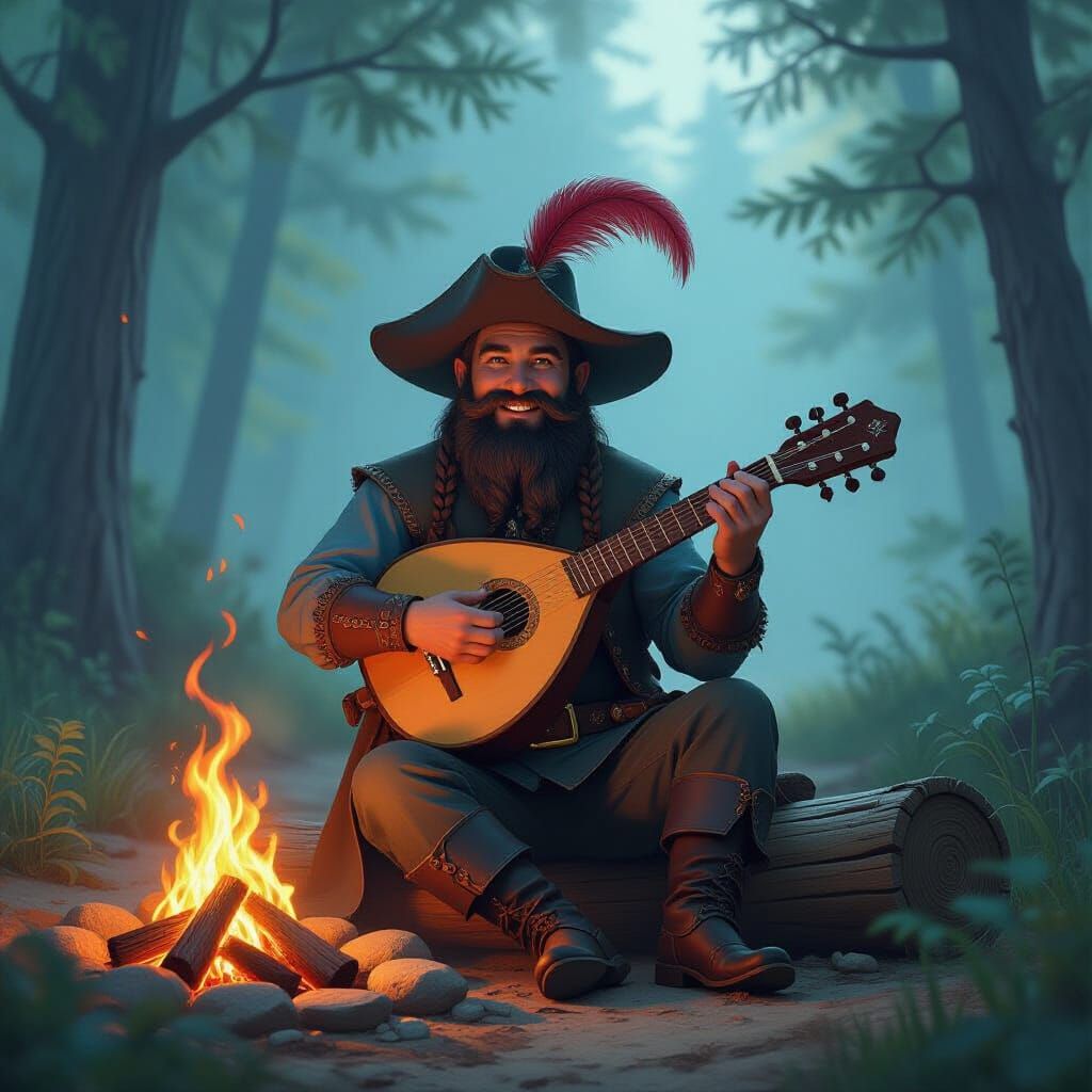 Dwarf Bard by Campfire in Ethereal Fantasy Art Style