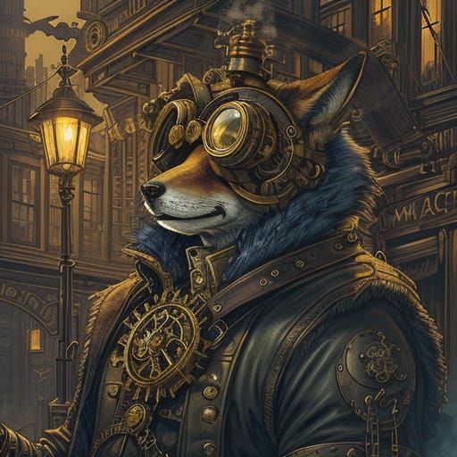 Steampunk Fox Navigates Foggy Victorian City