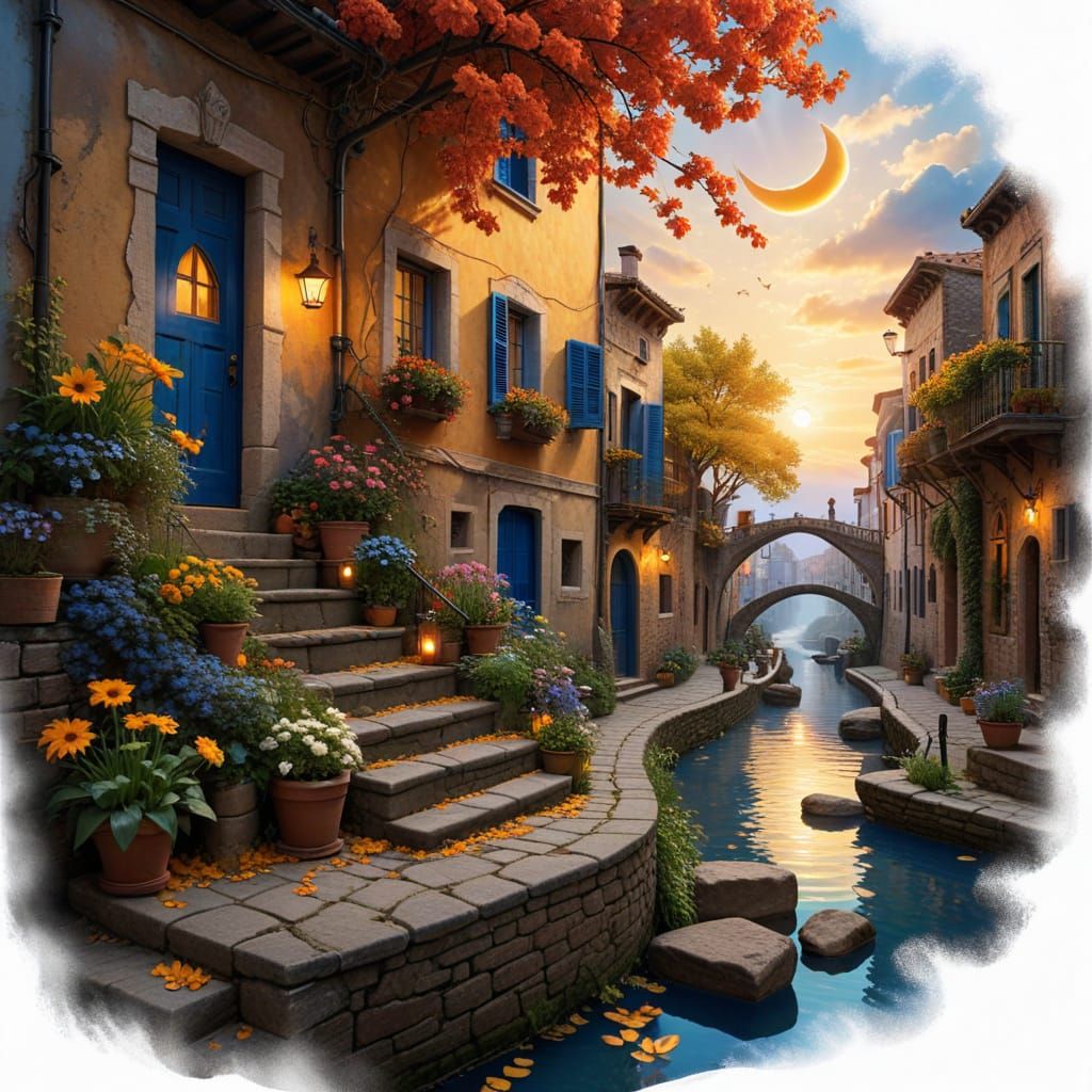 Vibrant Urban Courtyard with Dreamlike Architecture