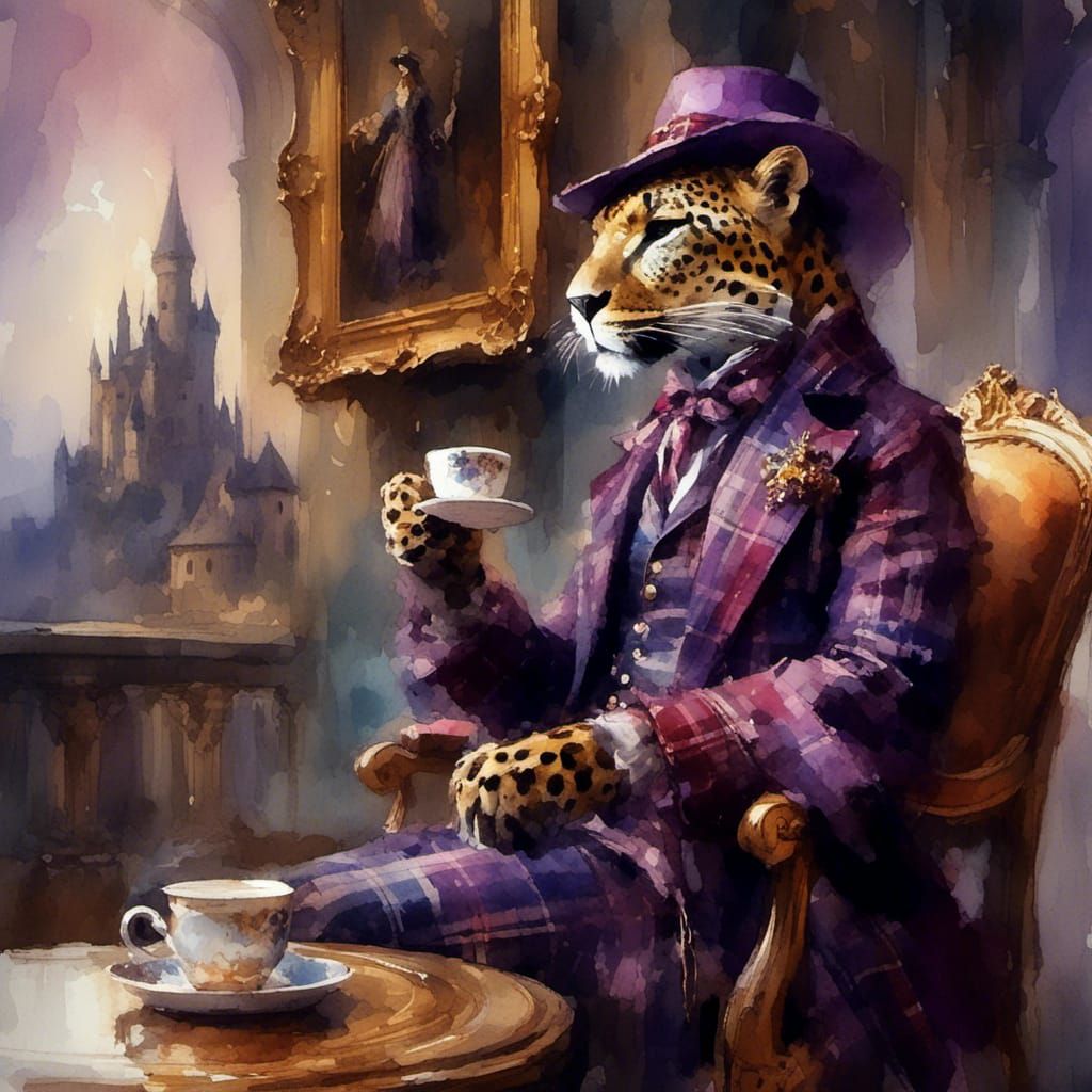 Leopard in Plaid Suit Drinking Coffee, Rembrandt Oil Paintin...