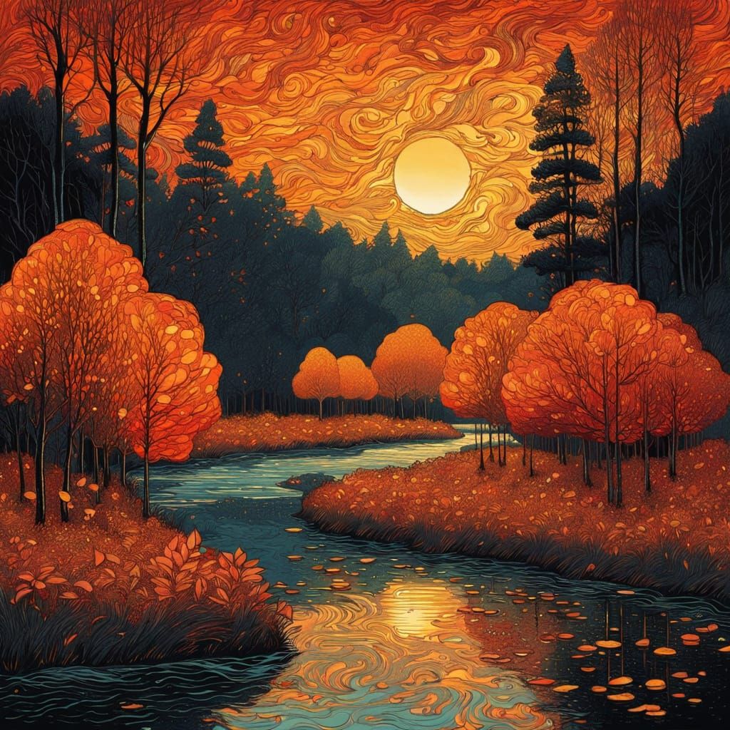 Golden Hour Forest With Autumn Leaves and River